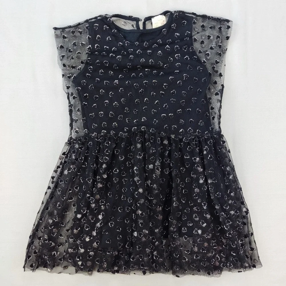 Zara Dress Girls‎ 6 Black Heart Print Tulle Overlay Sparkle Party Sleeveless